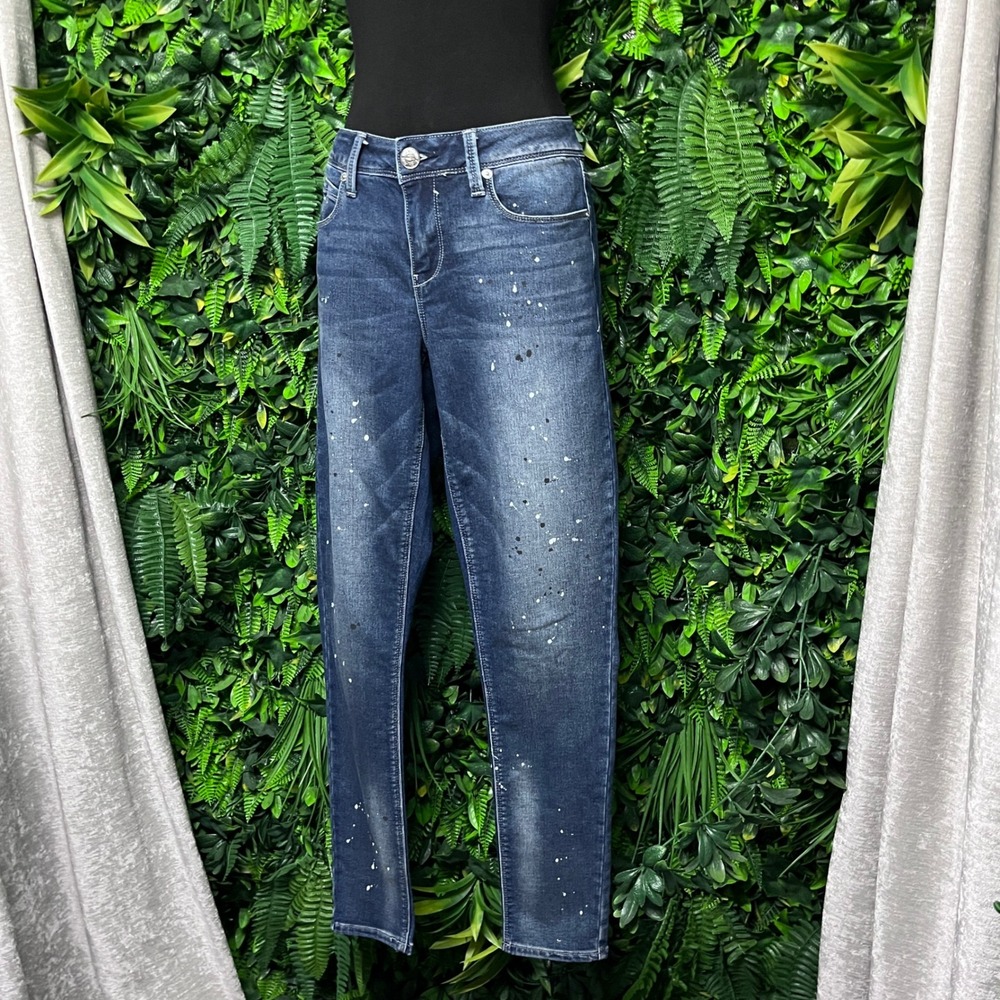 Seven7 Jeans Pants Size 8 Blue Paint Splatter Dark Wash Skinny Stretch 3645‎ - Picture 6 of 11